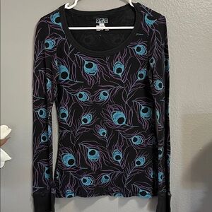 Peacock Print Long Sleeve Top - Black and Blue XL